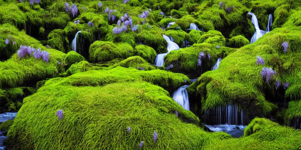 Image similar to photo of a landscape with lush forest nad flowers, wallpaper, very very wide shot, iceland, new zeeland, green flush moss, national geographic, award landscape photography, professional landscape photography, waterfall, stream of water, wisteria flowers, big sharp rock, ancient forest, primordial, sunny, day time, beautiful