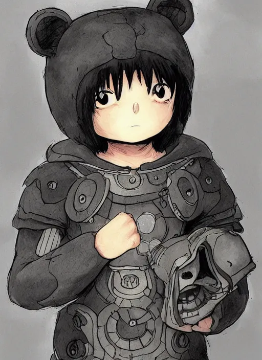 Image similar to beautiful little boy wearing an cyborg bear suit, artwork in kentaro miura and made in abyss and rosdraws, smooth, beautiful lightness, anatomically correct, trending on pixiv, forest