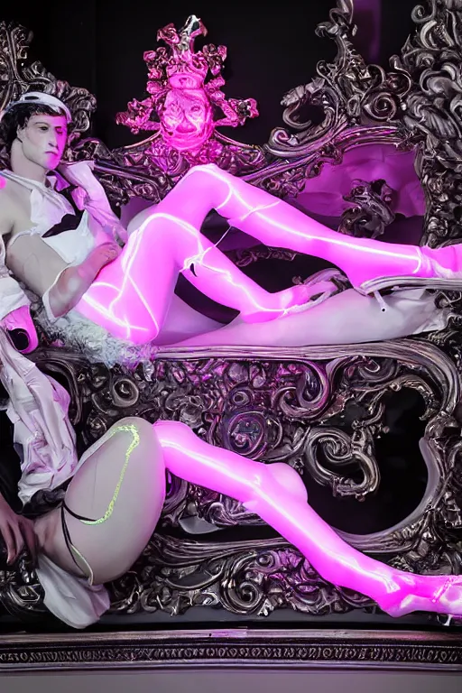 Image similar to full-body rococo and cyberpunk style neon statue of a young attractive Jose macho dotado e rico android sim roupa reclining con las piernas abertas e la piroca dura, glowing white lasers, glowing eyes, silver prince crown, black gears, pink diamonds, swirling mint-colored silk fabric. futuristic elements. ethereal white dripping tar. full-length view. human skulls. large pink balloon animals. intricate artwork by caravaggio. Trending on artstation, octane render, cinematic lighting from the right, hyper realism, octane render, 8k, depth of field, 3D