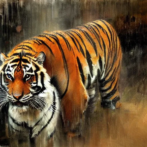 Prompt: tigers in the rain, painting by jeremy mann