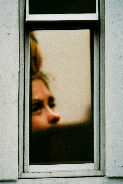 Image similar to kodak portra 4 0 0 photograph of a person looking out their window, eyes, beautiful eyes, stunning eyes, close up, telephoto, faded effect, grain,