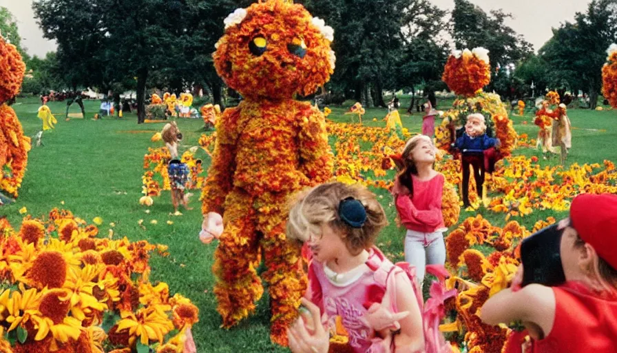 Prompt: 1990s candid photo of a beautiful day at the park, cinematic lighting, cinematic look, golden hour, large personified costumed flower people in the background, Enormous flower people mascots with friendly faces, kids talking to flower people, UHD