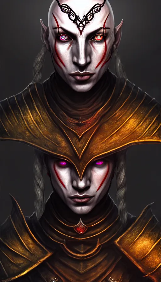 Image similar to hyperrealistic morrowind dunmer male nerevarine in front of balmora, red eyes, 3 / 4 portrait, symmetrical face, handsome face, full body dnd character portrait, medieval armor, morrowind armor, oblivion armor, skyrim armor, eso armor, intricate, highly detailed, elegant, 4 k, artstation, deviantart