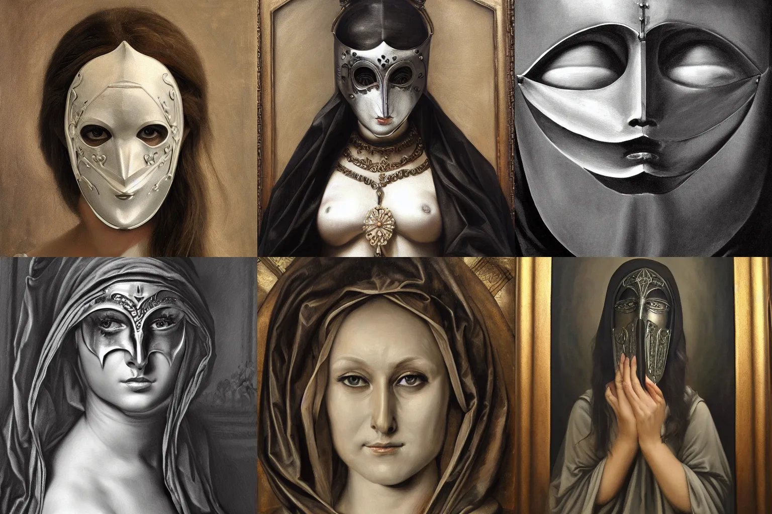 Prompt: The beautiful woman in steel full-face occult mask in the old masters style, grisaille, highly detailed oil painting, 4k, masterpiece