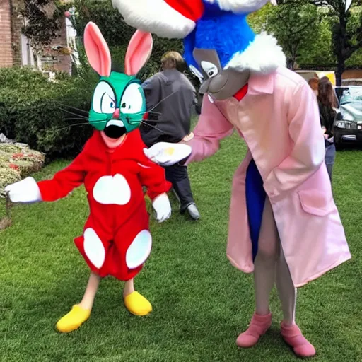 Image similar to paparazzi photo Man in Bugs Bunny costume spying on children at a birthday party, high quality, good lighting, masterpiece, beautiful beautiful beautiful beautiful beautiful