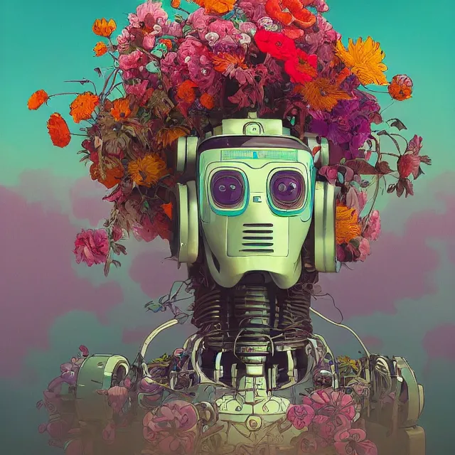 Prompt: a beautiful painting of a robot covered with flowers by simon stalenhag and pascal blanche and alphonse mucha!! and nekro and josan gonzalez. in style of digital art. colorful comic, film noirs, symmetry, brush stroke, vibrating colors, hyper detailed. octane render. trending on artstation