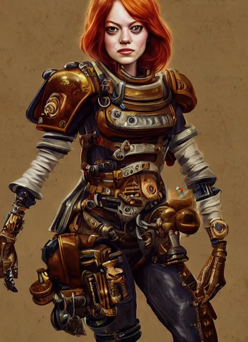 Prompt: emma stone as a steampunk space marine, au naturel, hyper detailed, digital art, trending in artstation, cinematic lighting, studio quality, smooth render, unreal engine 5 rendered, octane rendered, art style by klimt and nixeu and ian sprigger and wlop and krenz cushart.