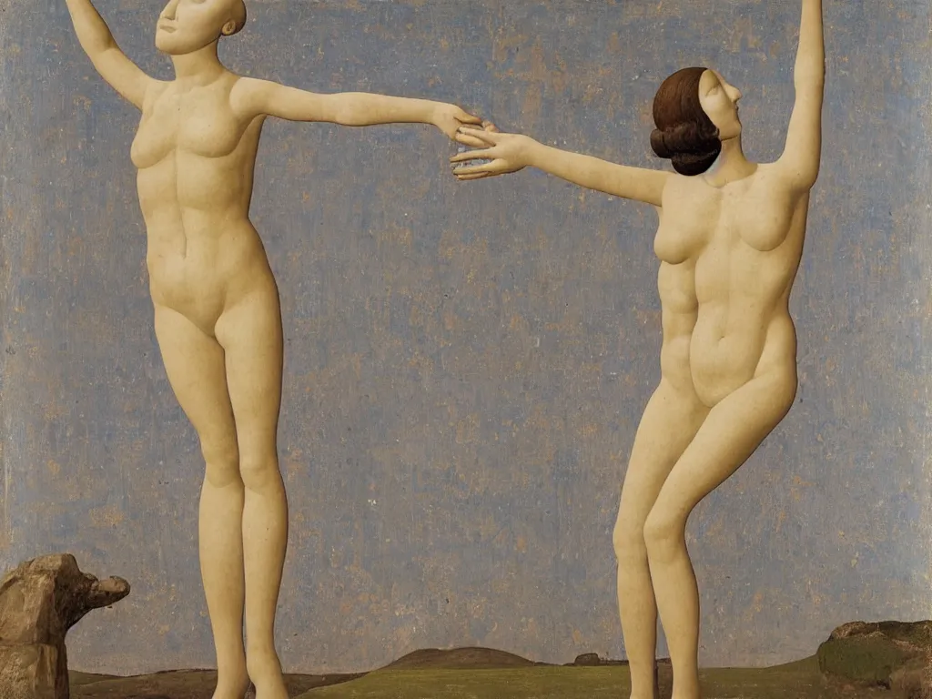 Prompt: Woman with five feet and five arms, sculpted by Henri Moore, transforming into a rock and a flower. Painting by Piero della Francesca, Morandi, Alex Colville