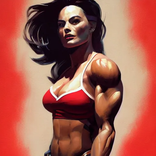 Image similar to greg manchess portrait of margot robbie as thick female bodybuilder lara croft wearing red armour in disco elysium, epic grimdark, fantasy, medium shot, asymmetrical, profile picture, organic painting, sunny day, matte painting, bold shapes, hard edges, street art, trending on artstation, by huang guangjian and gil elvgren and sachin teng