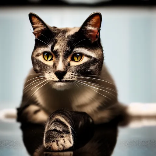 Prompt: a cat on to legs staring into reflection, 4 k, photography