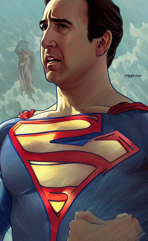 Prompt: nicolas cage as superman, highly detailed, digital painting, artstation, concept art, smooth, sharp focus, illustration, art by artgerm and alphonse mucha, high definition digital art, in the style of ilya kuvshinov and Ross tran