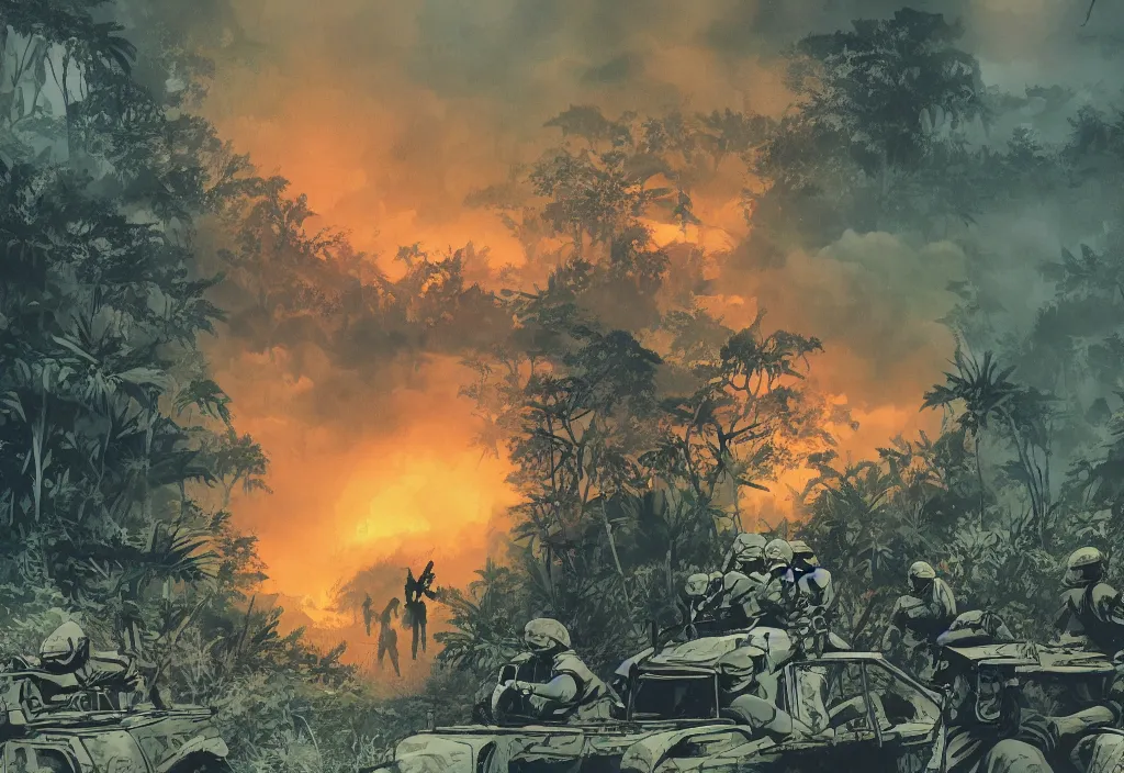 Image similar to handmade illustration of an epic Vietnam war scene with a few american soldiers walking, the jungle at the background, some smoke and fire, blue sky with dramatic clouds, line art, ink, watercolor by Kilian Eng and by Jake Parker, heavy brushstrokes, winning-award masterpiece, fantastic, octane render, 8K HD Resolution, High quality image