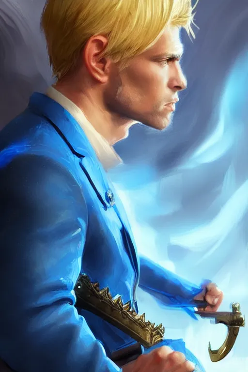 Image similar to side profile of a blonde man in a blue suit with medals on it dual wielding a sword and a pistol, highly detailed, d & d, fantasy digital painting, trending on artstation, concept art, sharp focus, illustration, volumetric light, intricate, art by artgerm and greg rutkowski