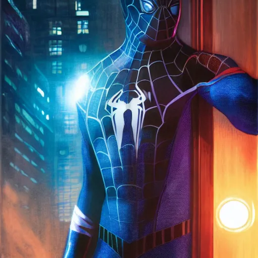 Image similar to ryan reynolds as a black and blue suit spider - man, cinematic, volumetric lighting, f 8 aperture, cinematic eastman 5 3 8 4 film, photorealistic by greg rutkowski, by stanley artgerm, by alphonse mucha