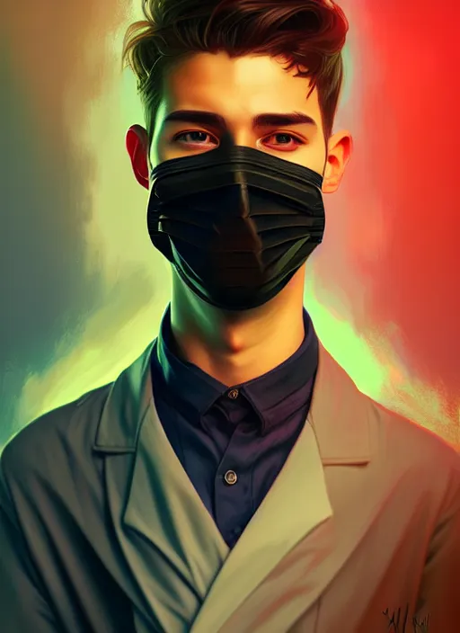 Image similar to handsome young man with black medical mask, half body shot, path traced, highly detailed, high quality, digital painting, alena aenami, lilia alvarado, shinji aramaki, karol bak, alphonse mucha, tom bagshaw