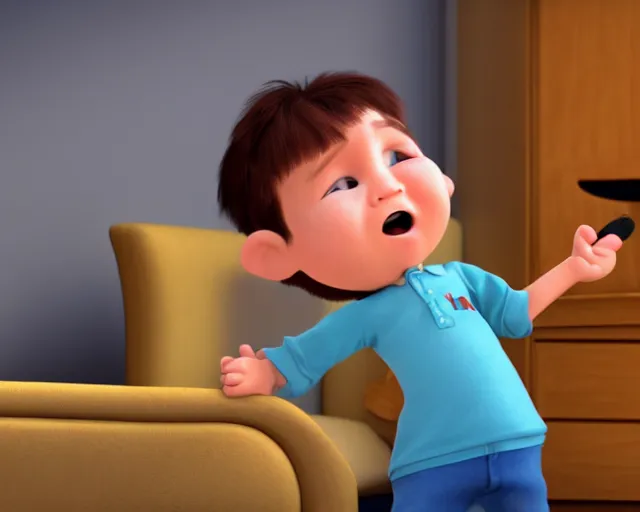 Image similar to detailed cartoon portrait of a little boy with a runny nose singing to his grandpa, 3 d pixar, sharp high quality