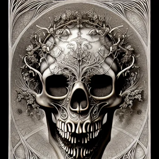 Image similar to art forms of nature by ernst haeckel, memento mori by arthur rackham, ornate antique porcelain beautiful skull mask, ultrasharp, photorealistic, hyperdetailed, octane render, polished, art nouveau, neo - gothic, gothic, intricate ornamental organic filigree, art nouveau botanicals, art forms of nature by ernst haeckel, horizontal symmetry, symbolist, visionary