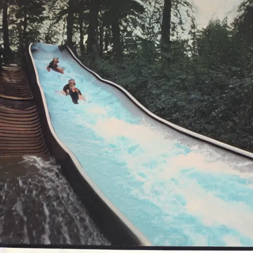 Image similar to 1 9 9 0 s vintage polaroid photograph of a log flume going down a slide making a big splash, during the day, crowd of people getting splashed with water, weathered image artifacts