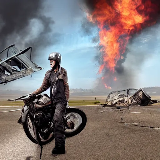 Prompt: post apocalyptic, biker with helmet in front of crashed airplane burning, photorealistic, highly detailed