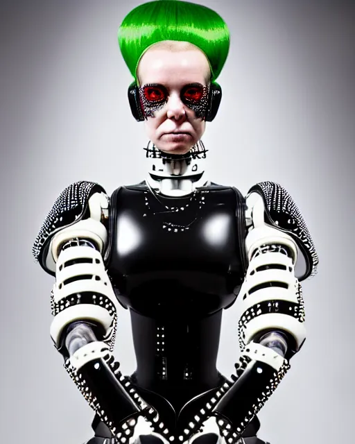 Prompt: symmetrical portrait of a cyborg wearing a silicone swarovski studded red beauty mask and green hair buns, wearing a black bodysuit armour by alexander mcqueen, cream white background, soft diffused light, biotechnology, humanoid robot, bjork aesthetic, translucent, by rineke dijkstra, intricate details, highly detailed, masterpiece,