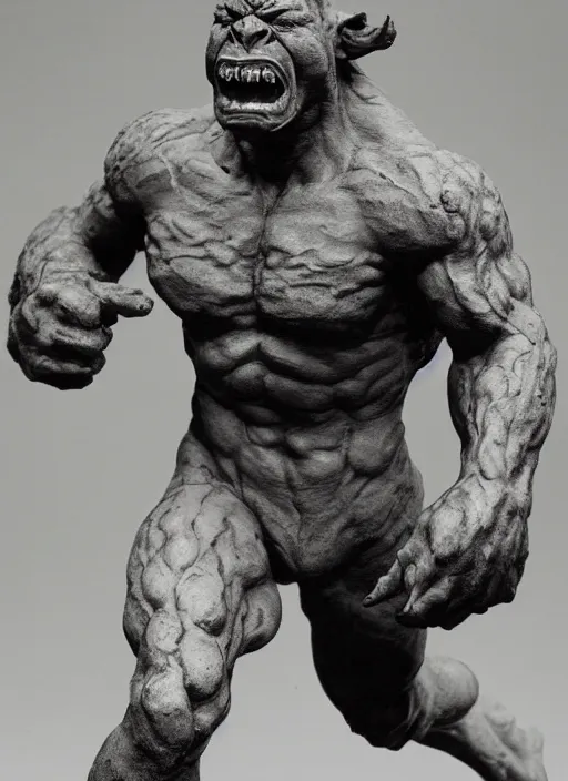 Image similar to a full figure marble sculpture of a running Giant Orc, rough texture by Rodin and frazetta