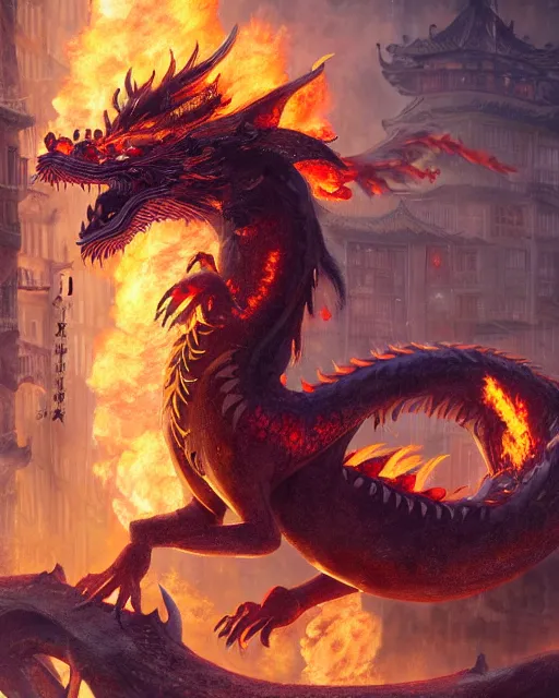 Image similar to oil painting of fire Fox chinese dragon hybrid, sharp focus, fantasy style, steampunk city background, octane render, volumetric lighting, 8k high definition, by greg rutkowski, highly detailed, trending on art Station, explosions,