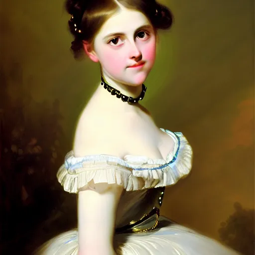 Image similar to portrait of a german teenage princess, circa 1 8 5 0 by franz xaver winterhalter, highly detailed, beautiful, oil on canvas, 1 8 5 0 s, romanticism