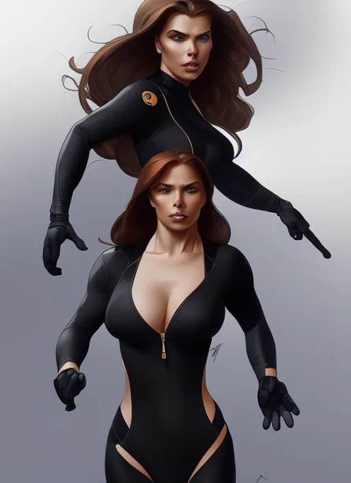 Image similar to kim possible in a black swimsuit, intricate, elegant, highly detailed, digital painting, artstation, concept art, smooth, sharp focus, illustration, art by artgerm and greg rutkowski and alphonse mucha, 8 k