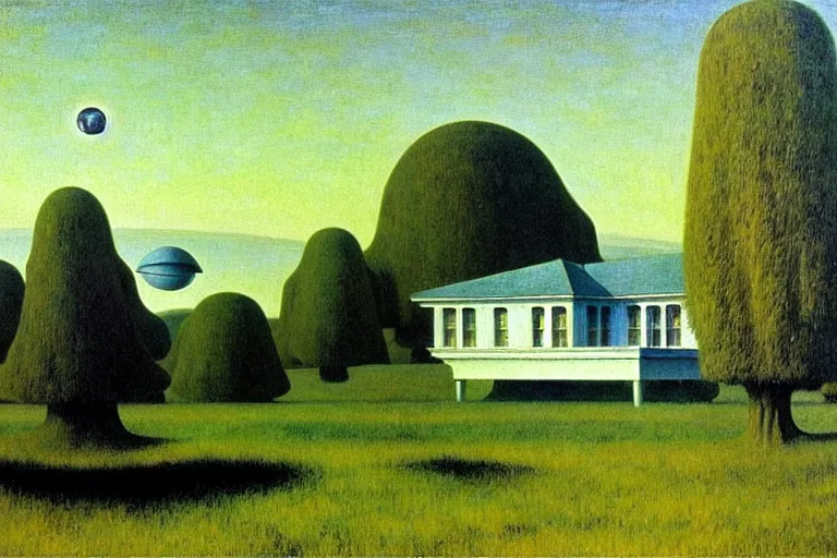 Prompt: realistic detailed landscape painting a single edward hopper house in a plain field, single ufo in the sky, futuristic sci-fi forest on background by Jean Delville, Amano, Yves Tanguy, Alphonse Mucha, Ernst Haeckel, Edward Robert Hughes, Roger Dean, rich moody colours, blue eyes