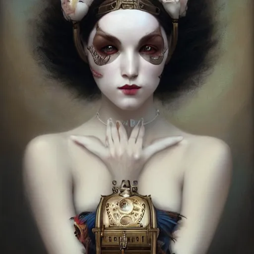 Prompt: tom bagshaw, soft painting of a curiosities carnival steampunk, porcelain beautiful young blessing tight mask in tight top bottom dress, perfectly detailed, symmetrical accurate intricate sensual features, highly detailed, artstation, sharp focus