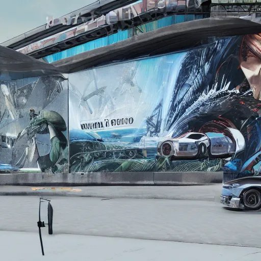 Image similar to sci-fi wall structure logotype and car on the coronation of napoleon painting and digital billboard in the middle, unreal engine 5, keyshot, octane, artstation trending, ultra high detail, ultra realistic, cinematic, 8k, 16k, in style of zaha hadid, in plastic, dark, tilt shift,