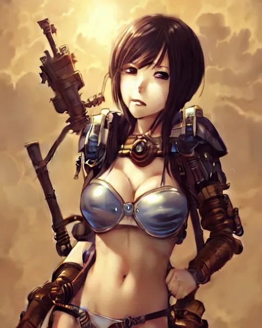 Image similar to portrait Anime Girl in bikini armor steampunk cute-fine-face, pretty face, realistic shaded Perfect face, fine details. Anime. Bioshock steampunk realistic shaded lighting by katsuhiro otomo ghost-in-the-shell, magali villeneuve, artgerm, rutkowski Jeremy Lipkin and Giuseppe Dangelico Pino and Michael Garmash and Rob Rey