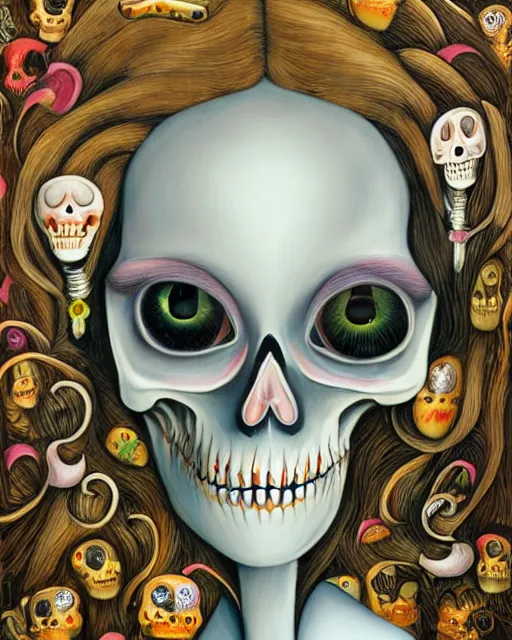 Prompt: a surrealistic head and shoulder painting of a gorgeous female skeleton with cat eyeballs and lipstick and hoodie, in the style of mark ryden, digital art, detailed masterpiece