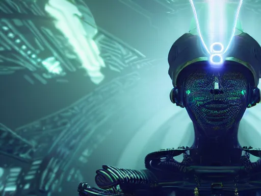 Image similar to a gray faceless figure, ascended, robot wizard, NPC with a saint\'s halo, saintly halo behind their head made of neon filigree, consulting the cyber oracle of all knowledge, at the end of time, in an esoteric ritual exchange of physical code, 8k, 4k, unreal 5, DAZ, trending on artstation, octane render, abstract painting, bright blue future