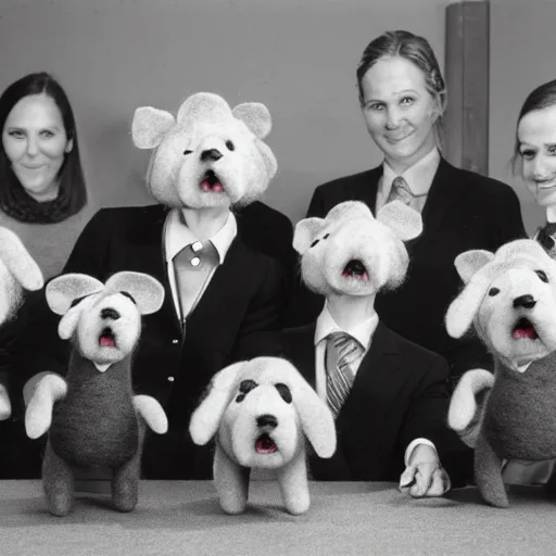 Image similar to a happy accounting firm staffed by different types of hyper-realistic felted toy mice, with a xerox machine, computers, kitchenette and conferenceroom, with a small black woolly terrier dog as the manager, colourful, playful, miniature