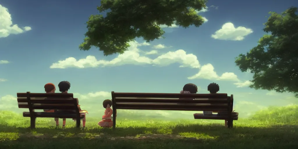 Image similar to animation key shot, a family with sorrow faces sitting on a bench, dramatic sky, close up shot, studio Ghibli, Pixar and Disney animation, sharp, Rendered Unreal Engine 5, film key art, Greg Rutkowski, Bloom, dramatic lighting