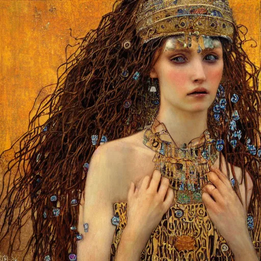 Image similar to goddess in desert, intricate detail, klimt, royo, whealan,