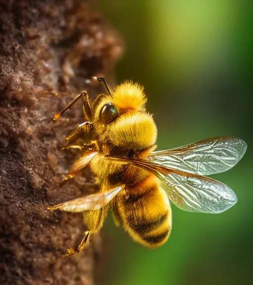 Image similar to super macro photo of a golden bee on a flower in a forest. dof. bokeh. magical atmosphere. art by greg rutkowski. lifelike. very detailed 8 k. intricate. soft light. nikon d 8 5 0.