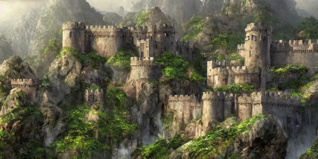 Prompt: a hyper realistic professional photographic view picture of a medieval fortress on the side of a mountain on the edge of a jungle photographic filter unreal engine 5 realistic hyperdetailed 8k ultradetail cinematic concept art volumetric lighting, fantasy artwork, very beautiful scenery, very realistic painting effect, hd, hdr, cinematic 4k wallpaper, 8k, ultra detailed, high resolution, artstation trending on artstation in the style of Albert Dros glowing rich colors powerful imagery nasa footage drone footage drone photography