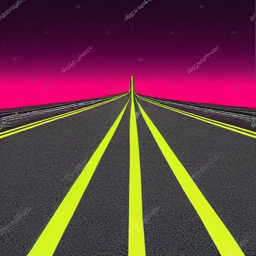 Image similar to car driving down a road towards a city. Neon punk. Vaporwave. 80s.