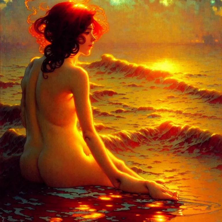 Image similar to sea of glossy liquid honey drops flowing like translucent amber, backlit, sunset, refracted lighting, art by collier, albert aublet, krenz cushart, artem demura, alphonse mucha