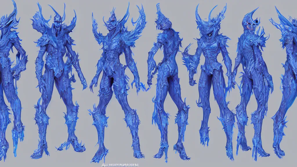 Prompt: a fantasy Bright blue ghost demon character design sheet, trending on artstation