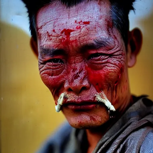 Prompt: ultra realistic vintage photo portrait of a tibetan man with a deep bloody hole on the middle of his forehead, by Annie Leibovitz,