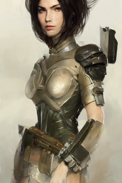 Image similar to a professionally painted portrait of an attractive young woman, clothed in military armor, olive skin, long dark hair, beautiful bone structure, symmetrical facial features, intricate, elegant, digital painting, trending on Artstation, concept art, smooth, sharp focus, illustration, from Metal Gear by Ruan Jia and Mandy Jurgens and Artgerm and William-Adolphe Bouguerea, award winning