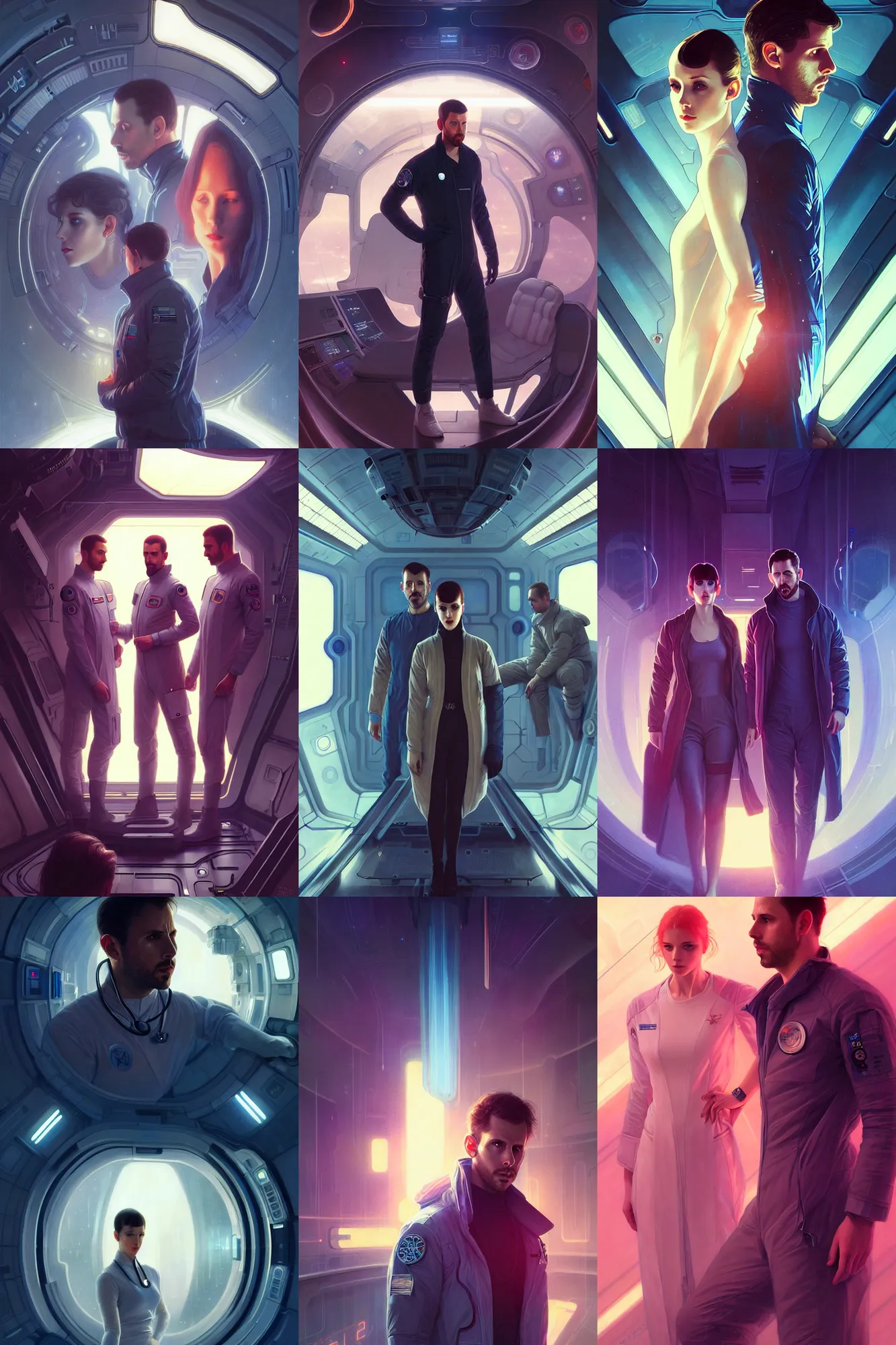 Prompt: Sensual good looking pale young doctors wearing Blade Runner 2049 clothing in a space station above Earth, portrait, elegant, intricate, digital painting, artstation, concept art, smooth, sharp focus, illustration, art by artgerm and greg rutkowski and alphonse mucha