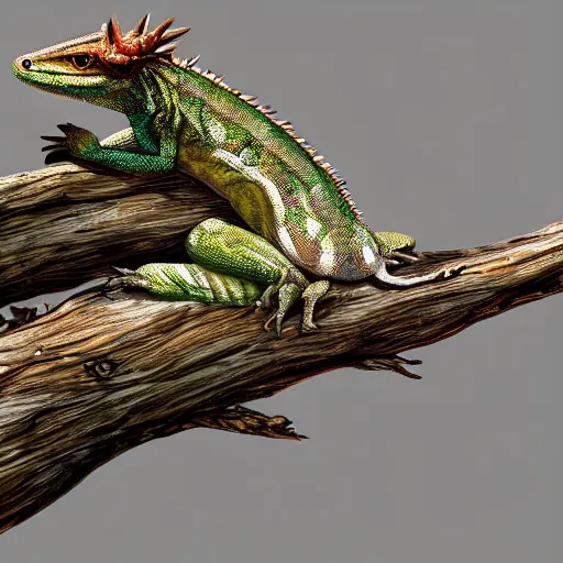 Prompt: lizard resting atop a tree branch, extreme detail, trending on artstation