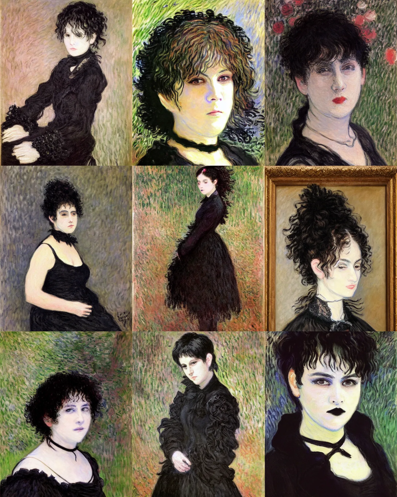 Prompt: A goth portrait painted by Claude Monet. Her hair is dark brown and cut into a short, messy pixie cut. She has a slightly rounded face, with a pointed chin, large entirely-black eyes, and a small nose. She is wearing a black tank top, a black leather jacket, a black knee-length skirt, a black choker, and black leather boots.