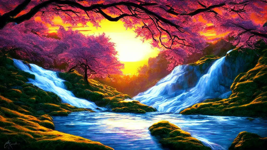 Image similar to featured on artstation cherry tree overlooking valley waterfall sunset beautiful image stylized digital art