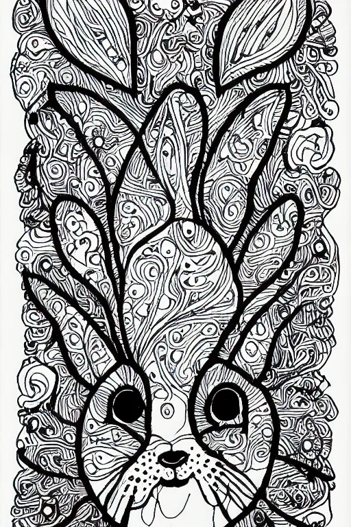 Prompt: bunny head, ornaments, ink drawing, line art colouring page