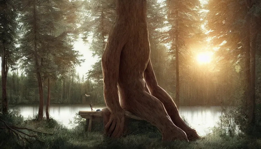 Image similar to Sad wooden giant sitting at the edge of a lake in a forest with giant trees illuminated by the sun, hyperdetailed, artstation, cgsociety, 8k